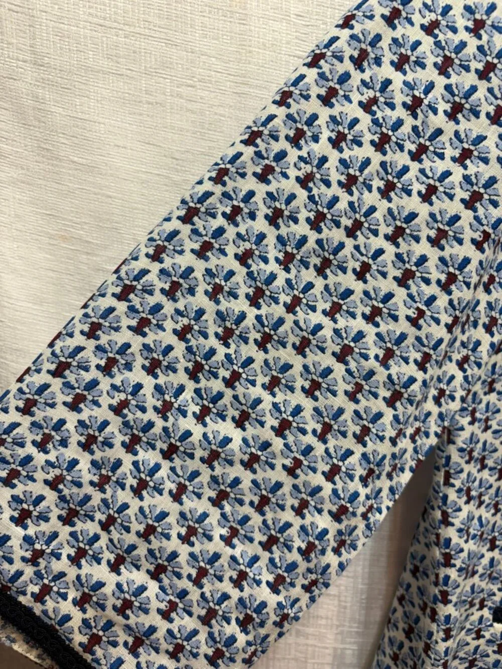 Tory Burch Blue Floral Geometric Print Split Neck Tunic Blouse Large